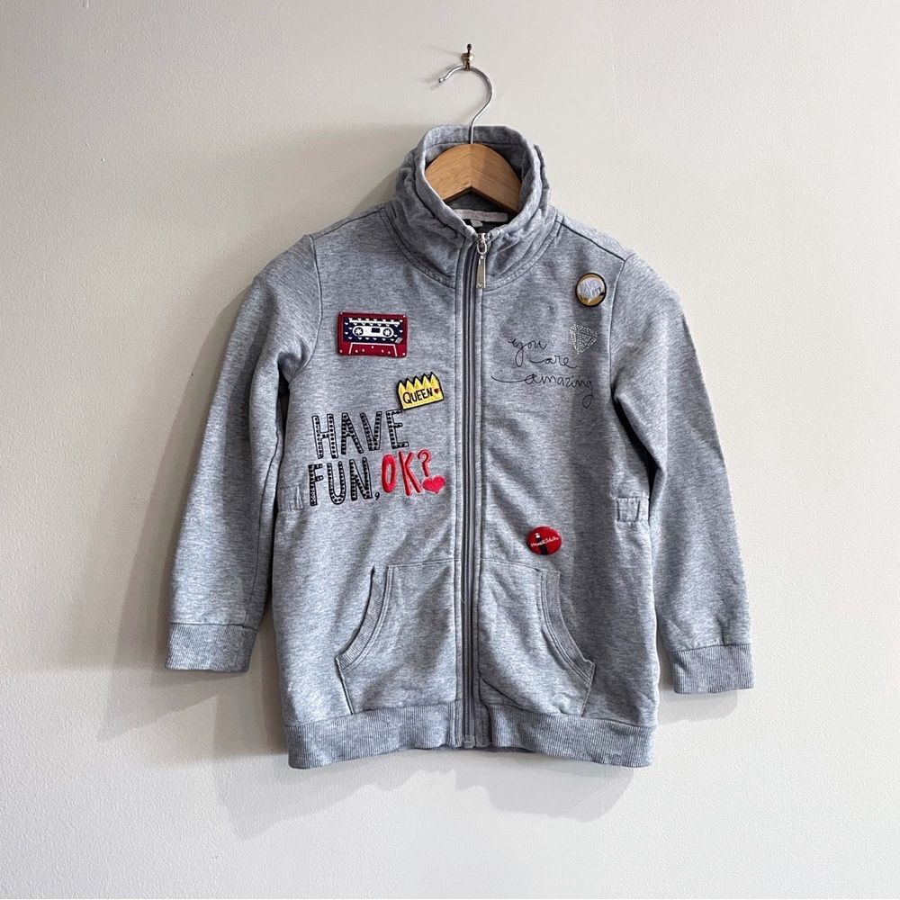Silvian Heach Kids Gray Zip Jacket Patch Detail Love Back Print, Girls Size 3